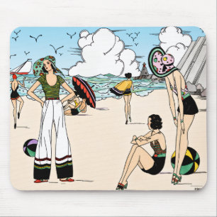 Vintage Art Deco Beach Illustration 1920s Coastal Mouse Mat