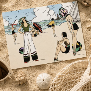 Vintage Art Deco Beach Illustration 1920s Coastal Postcard