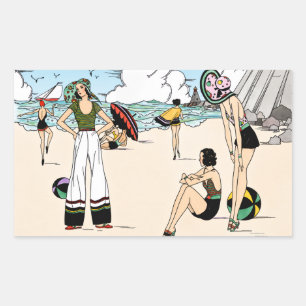 Vintage Art Deco Beach Illustration 1920s Coastal Rectangular Sticker