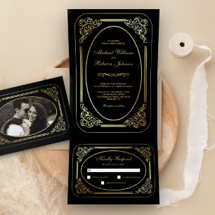 Vintage Art Deco Black and Gold All in One Wedding Tri-Fold Invitation