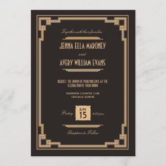 Vintage Art Deco Black and Gold Wedding Invitation