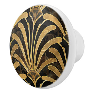 Vintage Art Deco Black Gold Fan Pattern Design Ceramic Knob