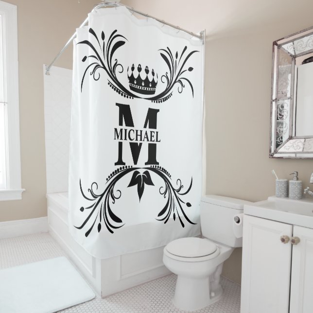 Vintage Art Deco Black Name Monogram Shower Curtain (In Situ)