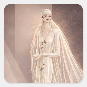 Vintage Art Deco Bridal Fashion Illustration  Square Sticker
