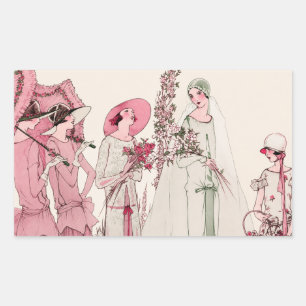 Vintage Art Deco Bridal Party Illustration Rectangular Sticker