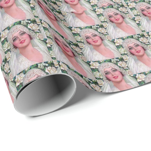 Vintage Art Deco Bride & White Roses Elegant  Wrapping Paper (Roll Corner)