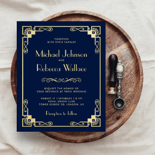 Vintage Art Deco Budget Navy Wedding Invitation