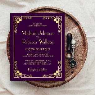 Vintage Art Deco Budget Purple Wedding Invitation