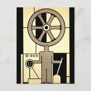 Vintage Art Deco Business Wheel and Machine Worker Postcard