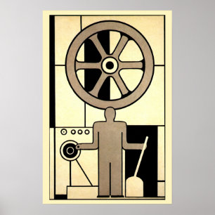 Vintage Art Deco Business Wheel and Machine Worker Poster