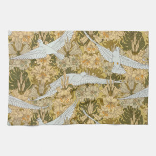 Vintage Art Deco Doves and Flowers Tea Towel