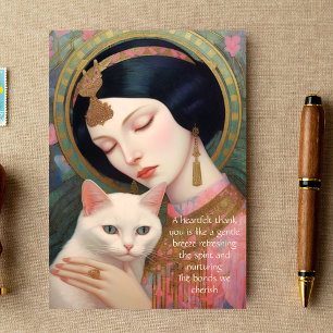 Vintage Art Deco Dreamy Design Woman and Cat Thank You Card