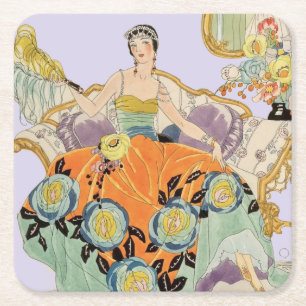 Vintage Art Deco Fashion Illustration Elegant Square Paper Coaster