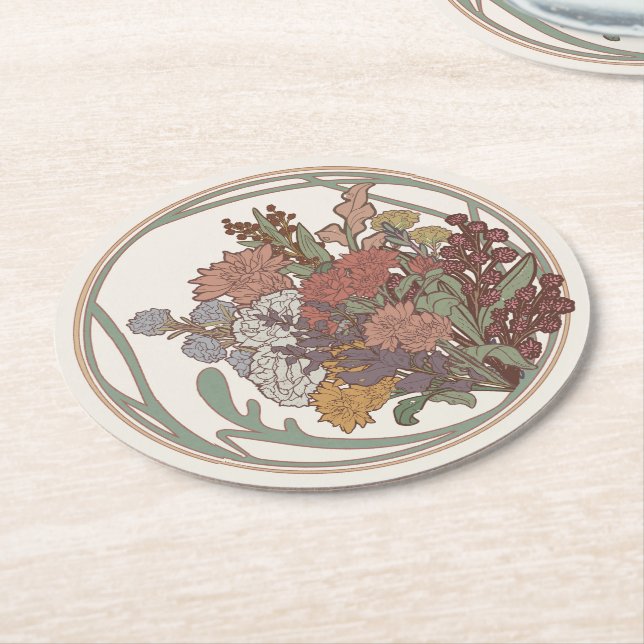 Vintage Art Deco Flower Bouquet Round Paper Coaster (Angled)