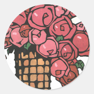 Vintage Art Deco Flowers, Pink Garden Roses Classic Round Sticker