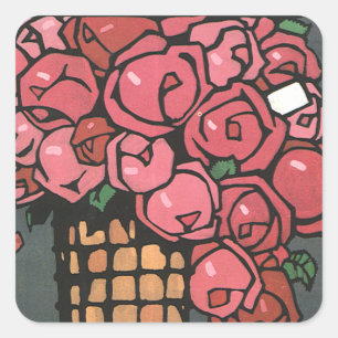 Vintage Art Deco Flowers, Pink Garden Roses Square Sticker