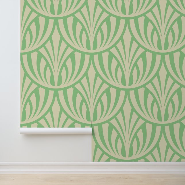 Vintage Art Deco Foliage Fish Scale Pattern Wallpaper (Application)