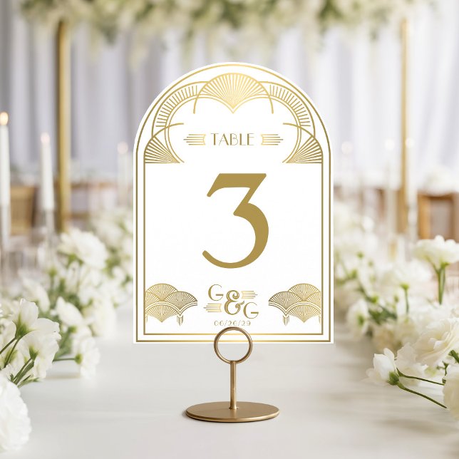 Vintage Art Deco Gold Arch Wedding Table Number (Elegant gold printed vintage Art Deco retro monogram arch shape wedding reception table Number card)