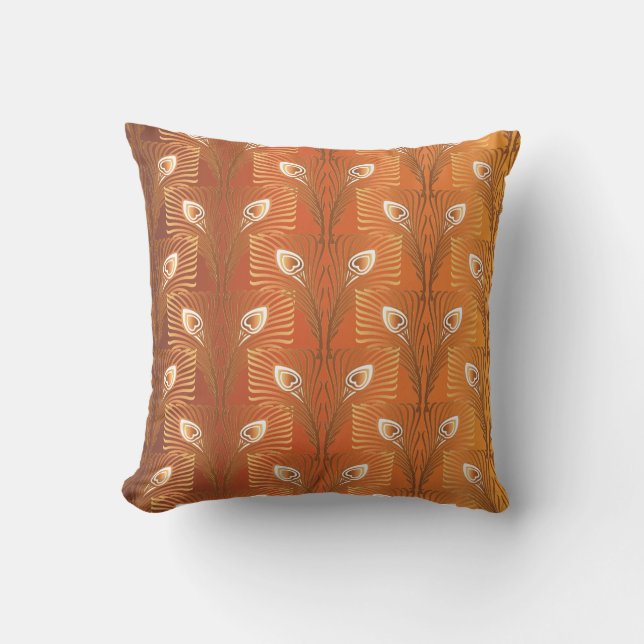 Vintage art deco gold peacock feather pattern cushion (Front)