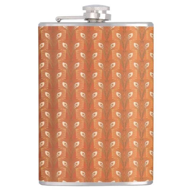 Vintage art deco gold peacock feather pattern hip flask (Front)