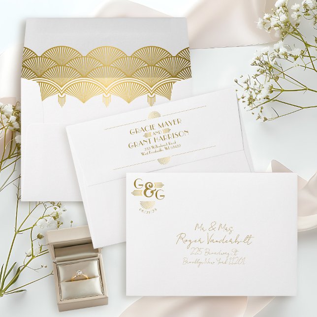 Vintage Art Deco Gold Unique Wedding Invitation Envelope (Elegant vintage gold art deco 20's 30's retro monogram return address wedding invitation envelope)