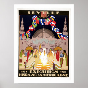 Vintage art deco Hispano-American expo Sevilla Poster