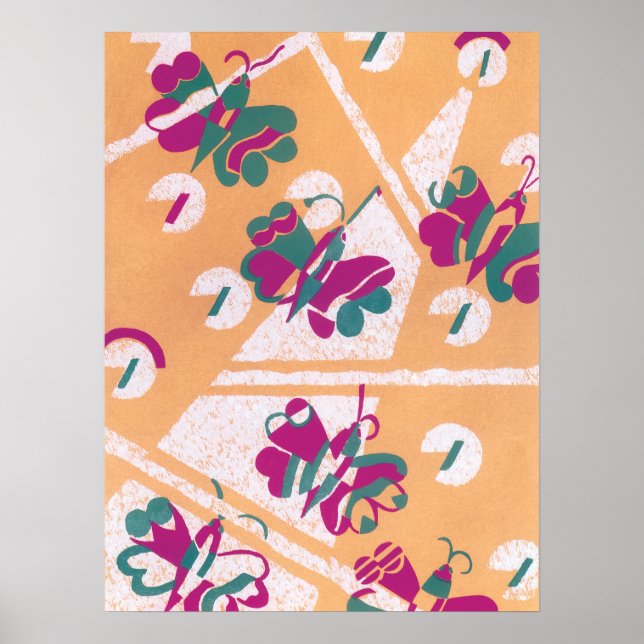 Vintage Art Deco Jazz Pochoir Garden Butterflies Poster (Front)