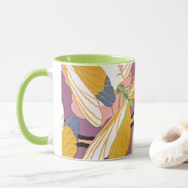 Vintage Art Deco Jazz Pochoir Garden Dragonflies Mug (With Donut)