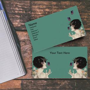 Vintage Art Deco Lady Butterfly Pretty Flowers Business Card