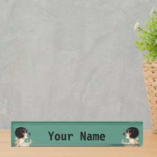 Vintage Art Deco Lady Butterfly Pretty Flowers Nameplate