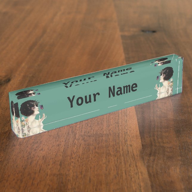 Vintage Art Deco Lady Butterfly Pretty Flowers Nameplate (Side)