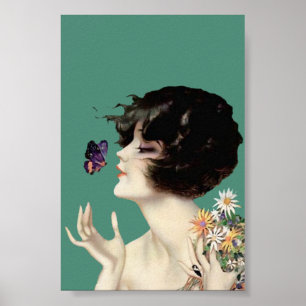 Vintage Art Deco Lady Butterfly Pretty Flowers Poster