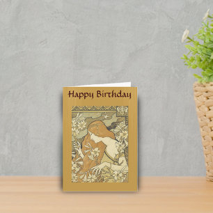 Vintage Art Deco Lady Golden Hair Flowers Card