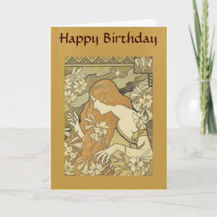 Vintage Art Deco Lady Golden Hair Flowers Card