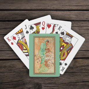 Vintage Art Deco Lady Green Golden Tree Playing Cards