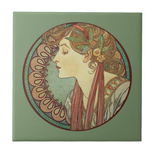 Vintage Art Deco Lady Green Mosaic Tiles Leaves