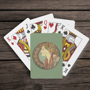 Vintage Art Deco Lady Green Mosaic Tiles Leaves Playing Cards