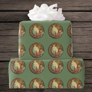 Vintage Art Deco Lady Green Mosaic Tiles Leaves Wrapping Paper