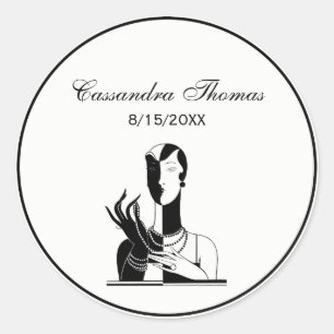 Vintage Art Deco Lady With Pearls Black Transp Classic Round Sticker
