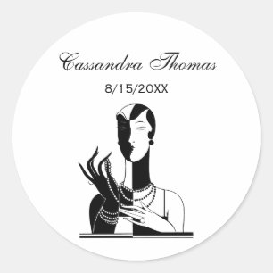 Vintage Art Deco Lady With Pearls Black Transp Classic Round Sticker