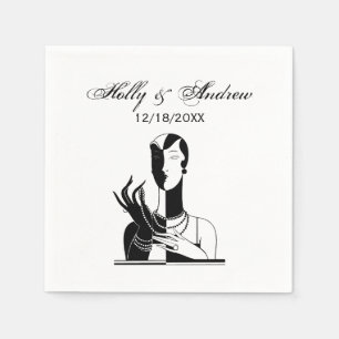 Vintage Art Deco Lady With Pearls Blk White Napkin