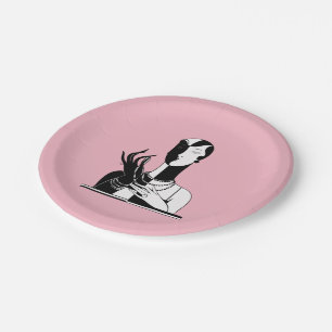 Vintage Art Deco Lady With Pearls Blk White Paper Plate