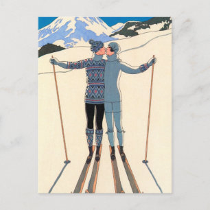 Vintage Art Deco Love Kiss Skis Save the Date! Announcement Postcard