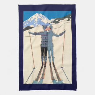 Vintage Art Deco, Lovers in Snow by George Barbier Tea Towel