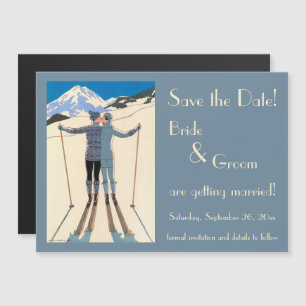 Vintage Art Deco, Lovers in the Snow Save the Date Magnetic Invitation