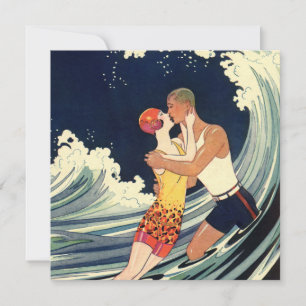 Vintage Art Deco, Lovers Kiss at Beach Wedding Invitation