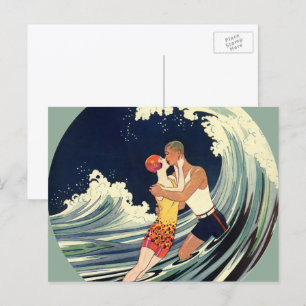 Vintage Art Deco, Lovers Kiss at the Beach Postcard