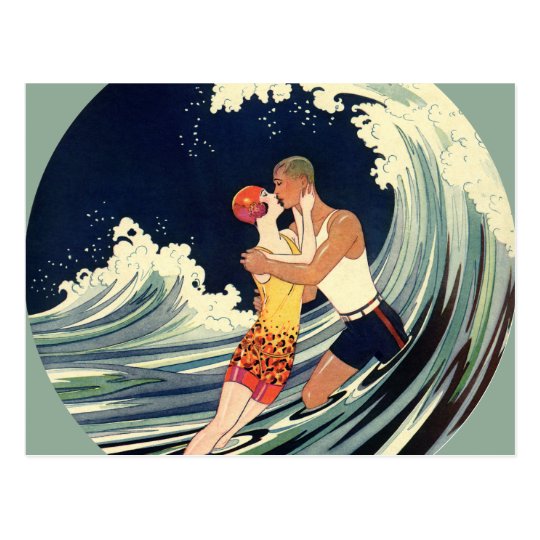 Vintage Art Deco, Lovers Kiss at the Beach Postcard