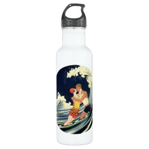 Vintage Art Deco Lovers Kiss in the Waves at Beach 710 Ml Water Bottle