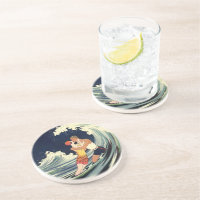 Vintage Art Deco Lovers Kiss in the Waves at Beach